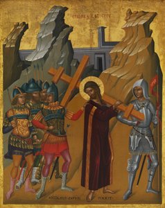 基督承担十字架，1590年（木头上的油和蛋彩，金地） 作者 尼古拉·扎弗里（Nicola Zafuri）